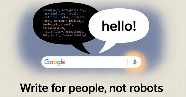  Visual of NLP in SEO with robotic vs human-friendly language in speech bubbles
