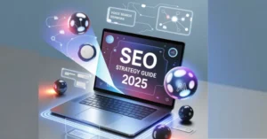 Futuristic SEO strategy 2025 concept with AI tools, voice search, and digital workspace