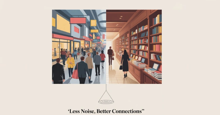  Comparison of short-tail vs long-tail keywords with crowded mall vs quiet bookstore metaphor