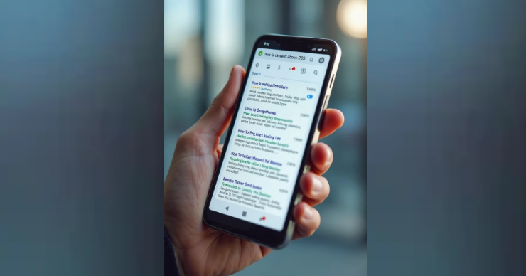 
 Voice search SEO illustration with phone showing question-based search results in 2025