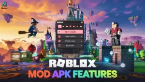 Thumbnail image showing Roblox MOD APK gameplay with flying and wall hack features.