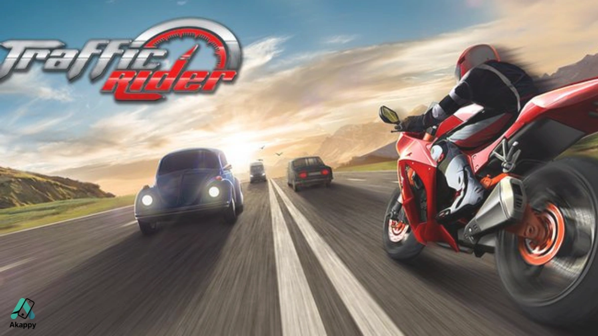 Download Traffic Rider APK banner with biker riding on highway at sunset