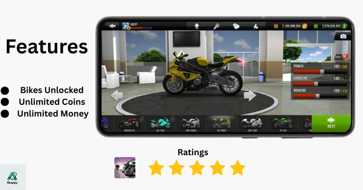 Unlocked motorbikes from Traffic Rider game in a garage selection screen
